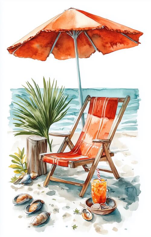 watercolor-beach-scene-with-an-orange-striped-sun-chair-and-drink