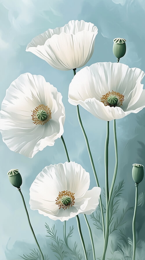 white-poppies-flowers-on-a-light-blue-background
