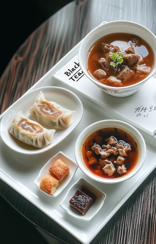white-rectangular-plate-with-black-tea-and-beef-soup