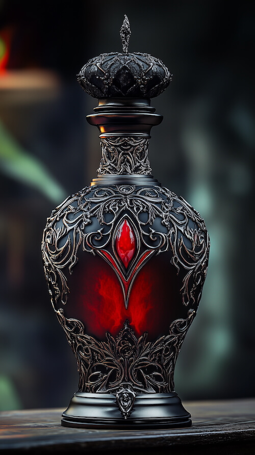 dark-ornate-bottle-of-perfume-with-red-liquid-inside