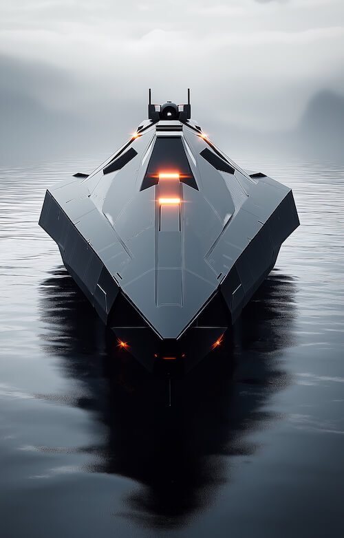 futuristic-stealth-boat-with-lights-floating-in-the-middle-of-calm-water