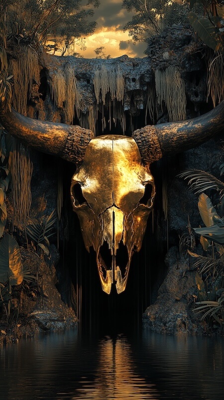 golden-skull-of-an-african-buffalo-with-a-background-of-jungle