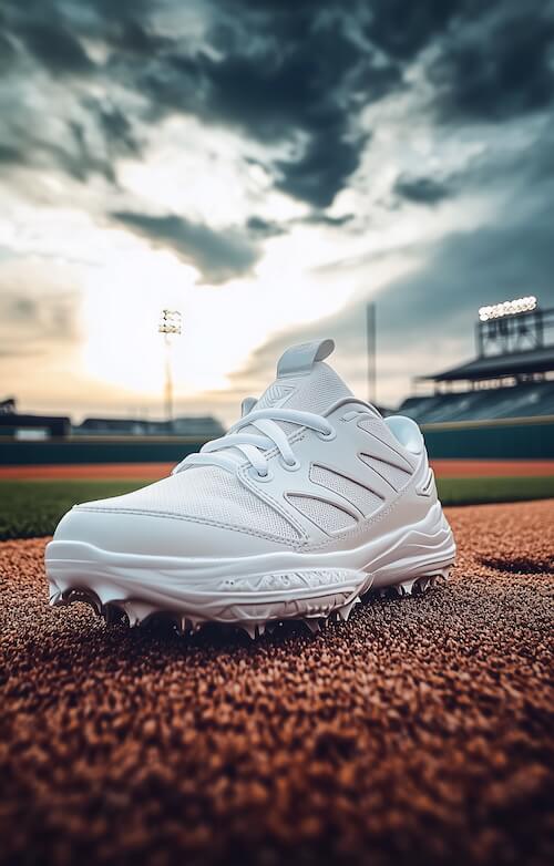 white-new-balance-baseball-cleat-on-the-field-of-a-well-lit-stadium
