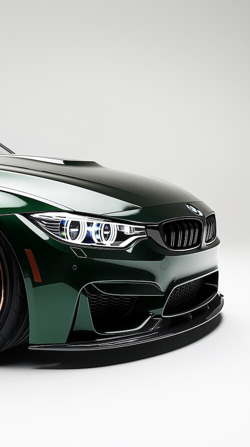 front-end-of-an-f82-m4-with-dark-green-paint-shot-from-a-low-angle
