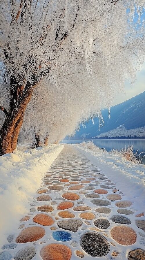 frozen-lake-is-covered-with-colorful-pebbles-on-both-sides
