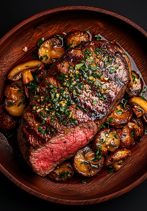 perfectly-seared-medium-rare-steak-with-mushrooms-and-herbs