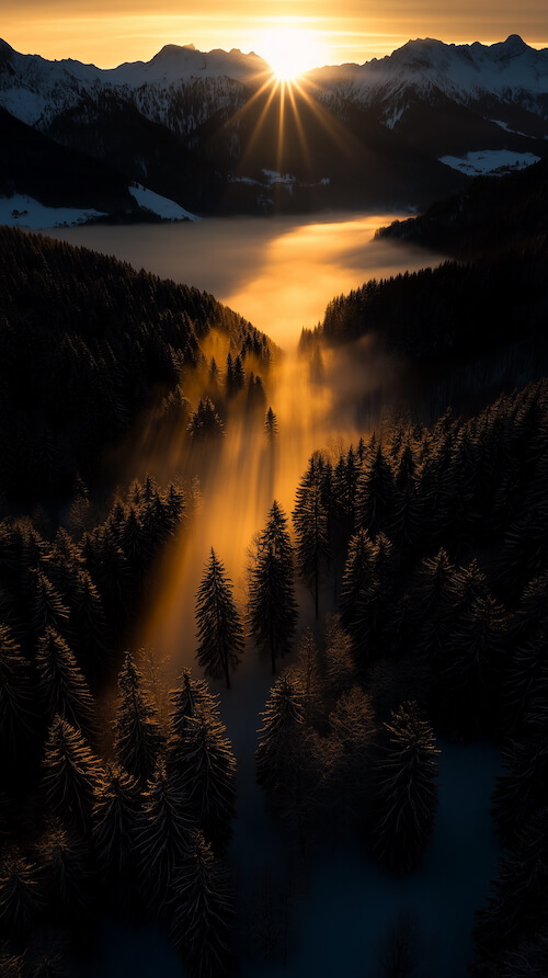 atmospheric-aerial-view-of-a-snowy-forest-during-a-golden-sunset