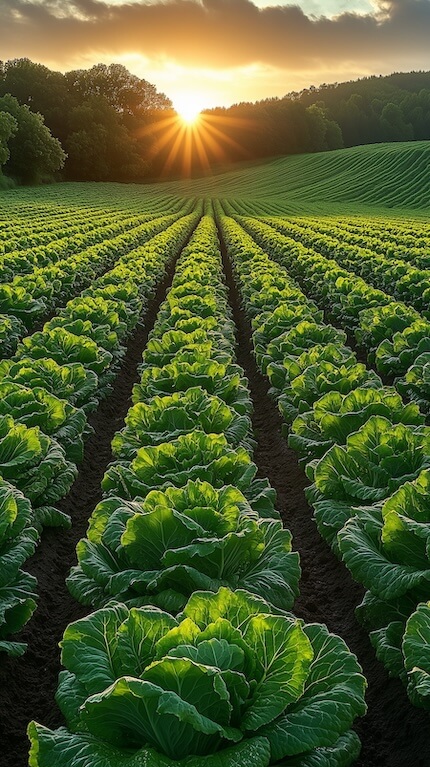 field-of-cabbages-growing-in-rows-with-the-sun-setting-behind-it