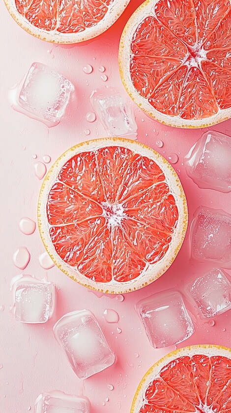 flat-lay-of-pink-grapefruits-and-ice-cubes-on-a-pastel-background