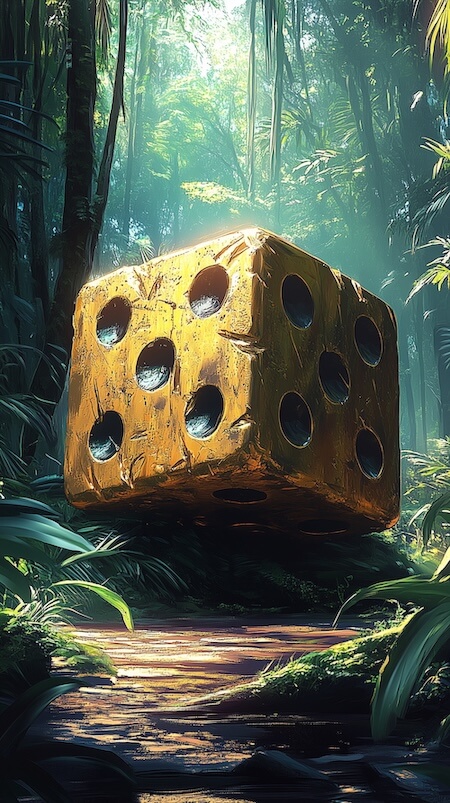 giant-yellow-die-with-six-pips-is-floating-in-the-air-in-an-exotic-jungle