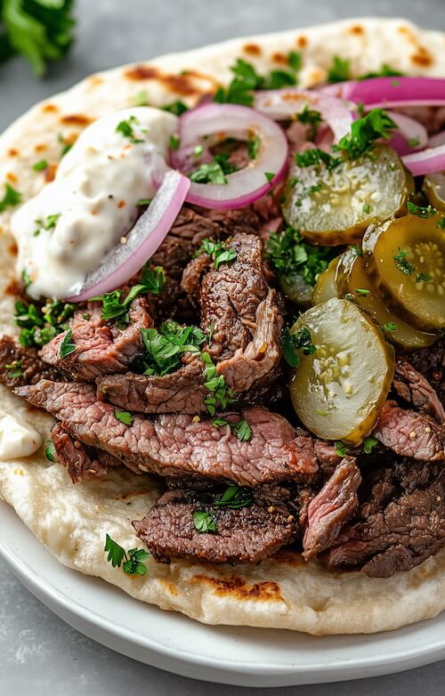 grilled-steak-on-pita-bread-with-pickles-and-red-onion-slices