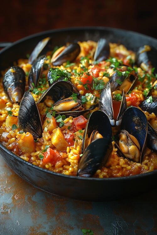 paella-with-mussels-and-sea-snails-and-golden-yellow-rice