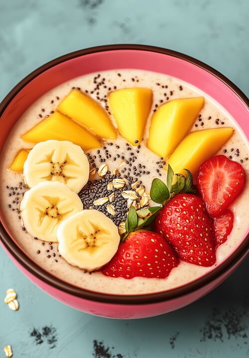 pink-bowl-of-smoothie-with-strawberries-mango-and-banana-slices