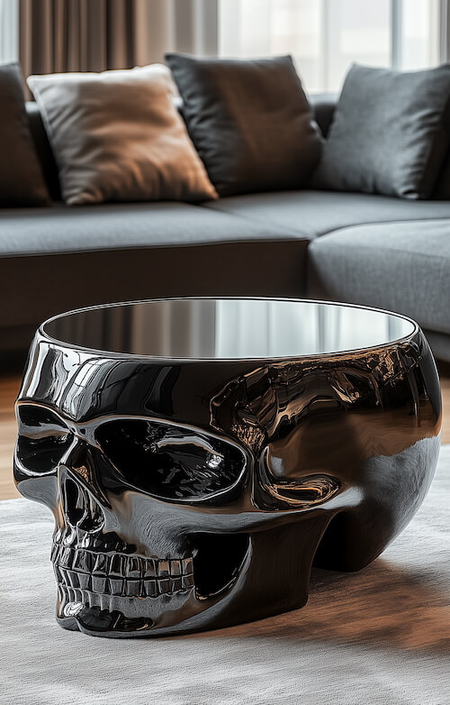 shiny-black-metal-skull-shaped-coffee-table-in-the-living-room