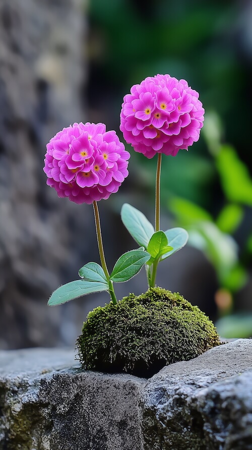 two-pink-zinnia-flowers-with-green-leaves-on-top-of-a-mossy-stone