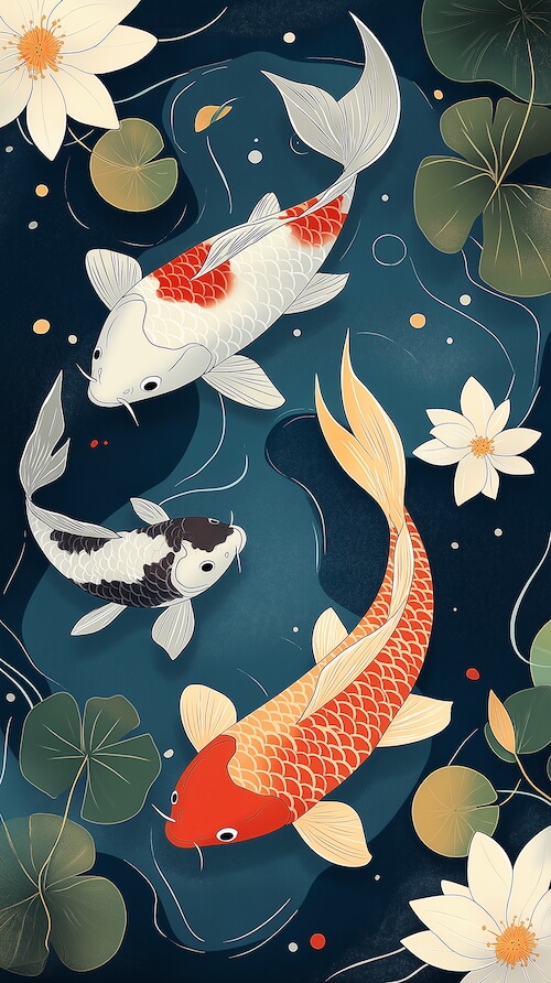 vector-illustration-of-koi-fish-on-a-blue-background-with-lotus-leaves