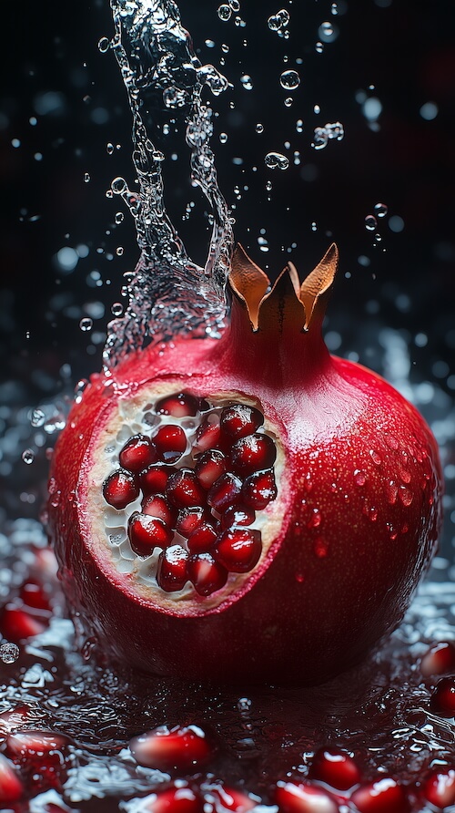 water-splashing-on-a-pomegranate-against-a-dark-background