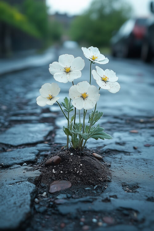 white-flowers-growing-out-of-the-asphalt-on-an-empty-street