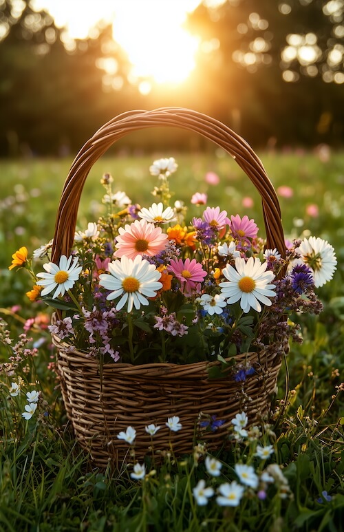 wicker-basket-with-wild-flowers-on-green-bokeh-background