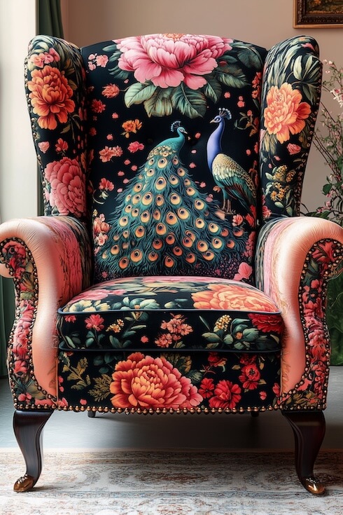 wingback-chair-with-a-peacock-and-floral-design-on-the-fabric