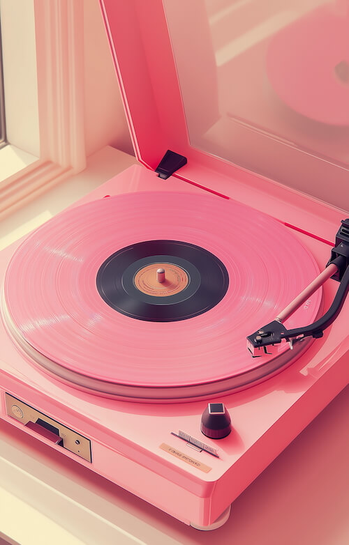 a-pink-retro-record-player-with-vinyl-on-a-white-table