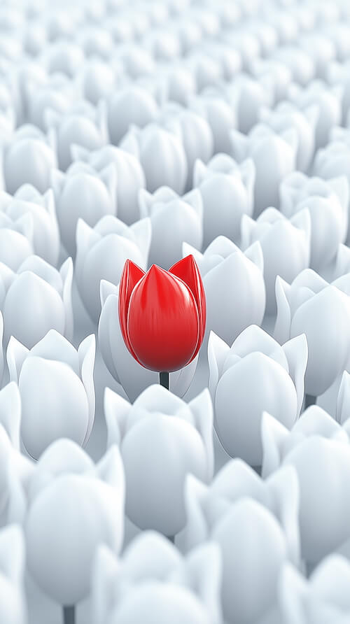 a-red-tulip-stands-out-in-the-center-of-white-flowers