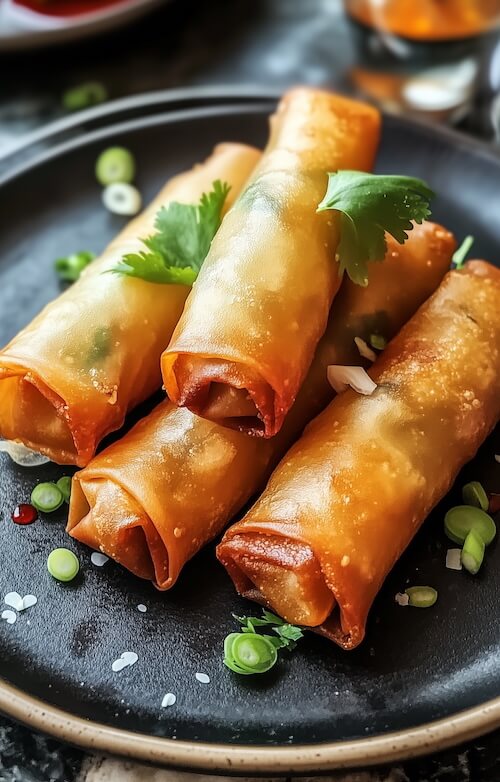 four-chinese-spring-rolls-with-chives-on-a-black-plate