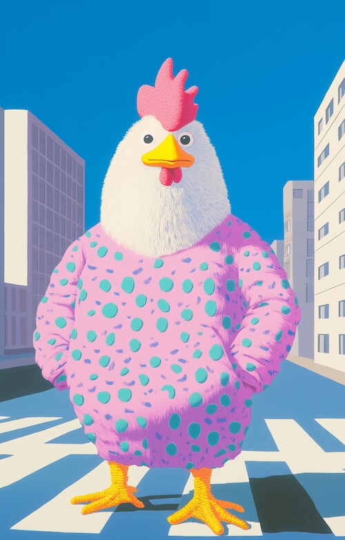 happy-chicken-wearing-a-pink-polka-dot-patterned-tracksuit