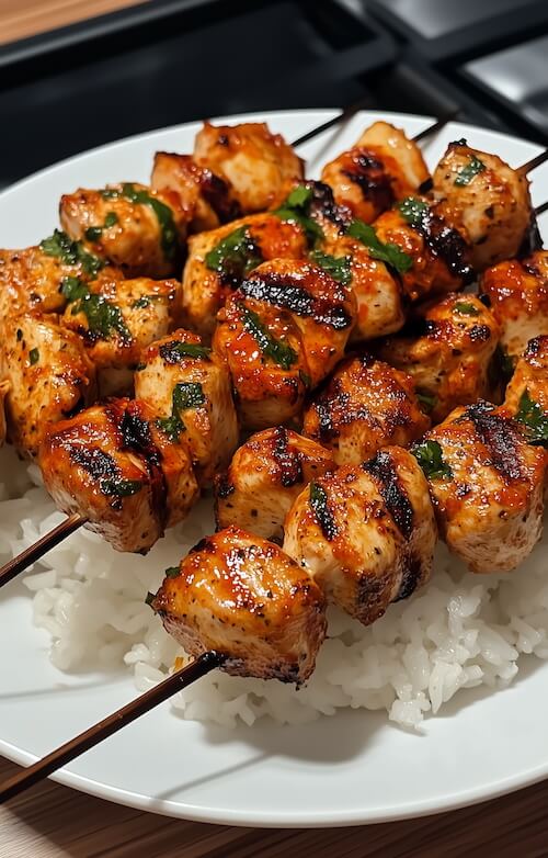 plate-of-grilled-chicken-kebabs-with-rice-on-an-electric-stove