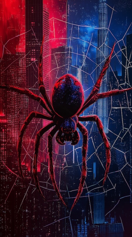 red-and-blue-spider-with-web-on-the-background-of-skyscrapers