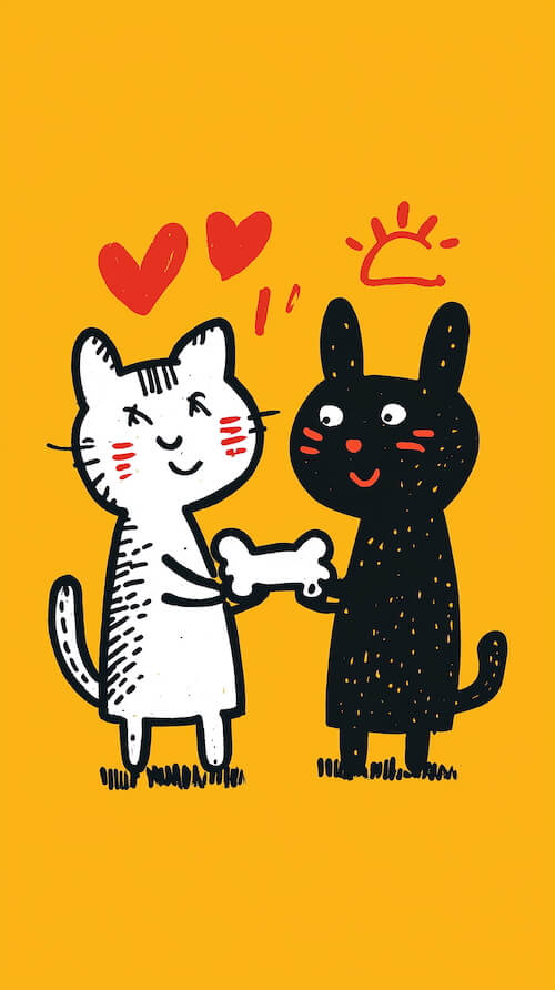 white-cat-and-a-black-dog-holding-hands-with-happy-expressions