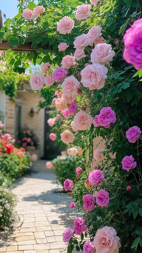 beautiful-garden-with-pink-and-red-roses-growing-on-the-wall