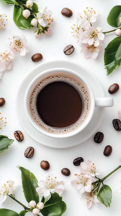 cup-of-black-coffee-surrounded-by-spring-flowers-and-coffee-beans