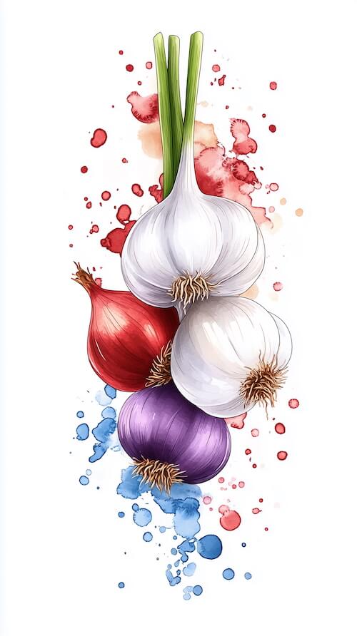 garlic-in-red-white-and-purple-on-splashes-of-watercolor-paint