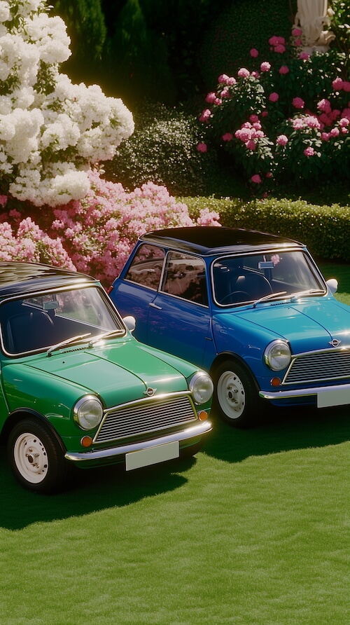 two-classic-mini-cooper-cars-in-green-and-blue