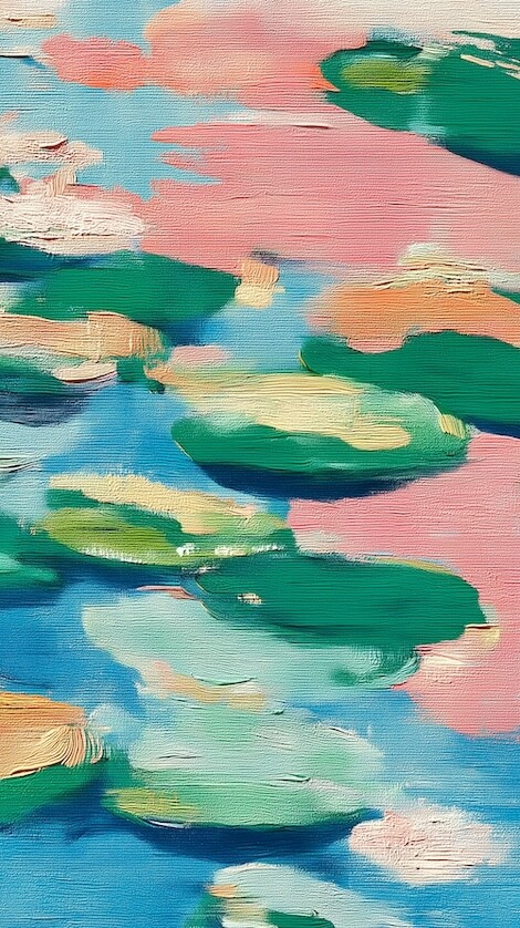 abstract-oil-painting-of-lily-pads-on-a-blue-sky-with-pink-clouds