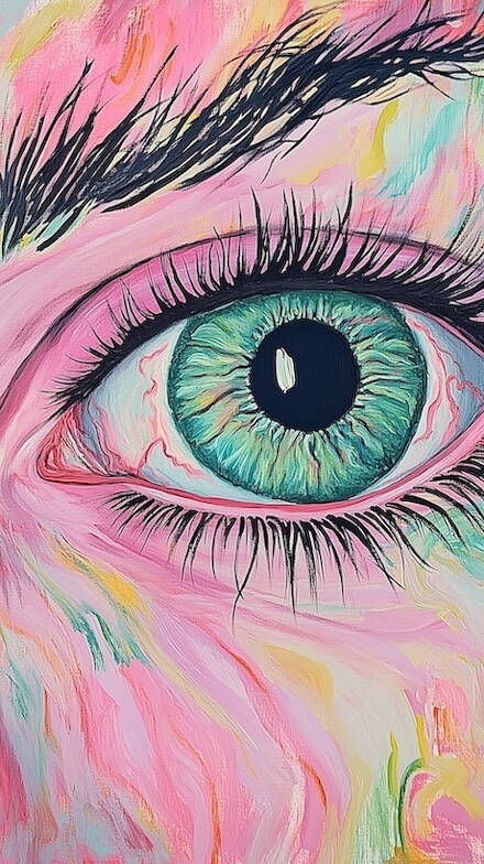 an-eye-with-long-eyelashes-painted-in-pink-and-green-pastel-colors