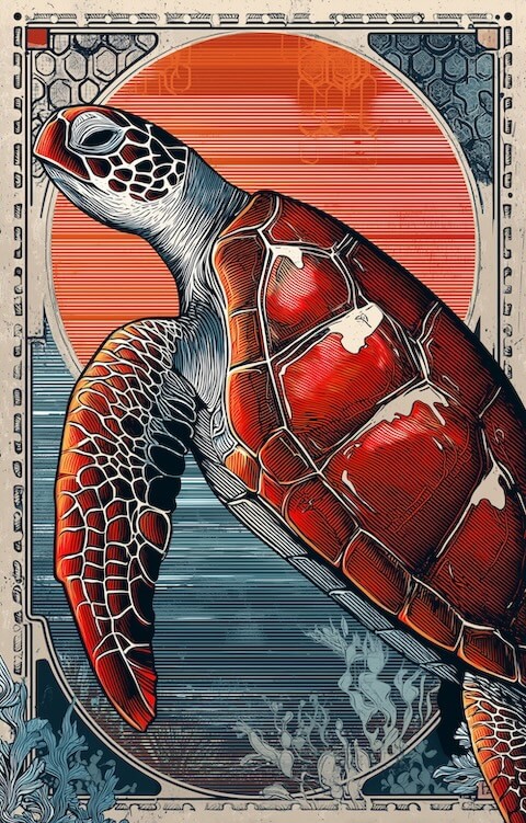 red-sea-turtle-in-the-style-of-an-art-nouveau-poster