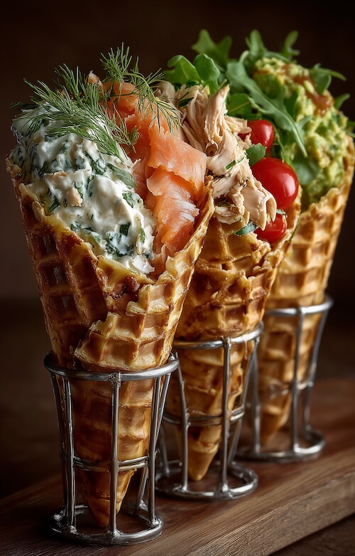 three-waffles-cones-with-creamy-chicken-salad-and-avocado