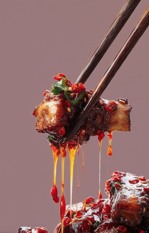pair-of-chopsticks-holding-up-pieces-of-meat-with-a-red-sauce