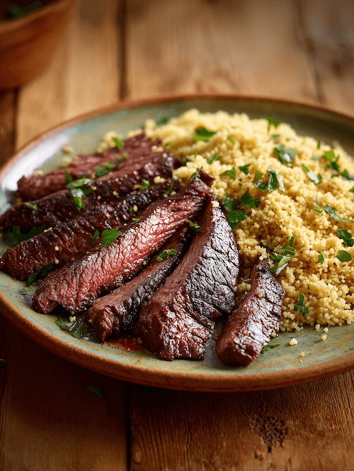 sliced-marinated-steak-with-moroccan-style-bulgur-wheat-on-a-plate