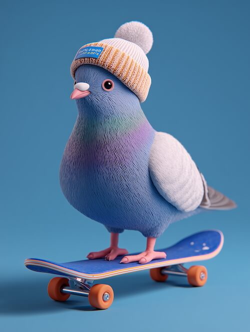 a-blue-pigeon-wearing-a-beanie-standing-and-skateboarding