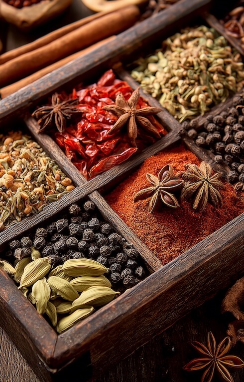 a-wooden-box-containing-various-spices-including-cumin-seeds