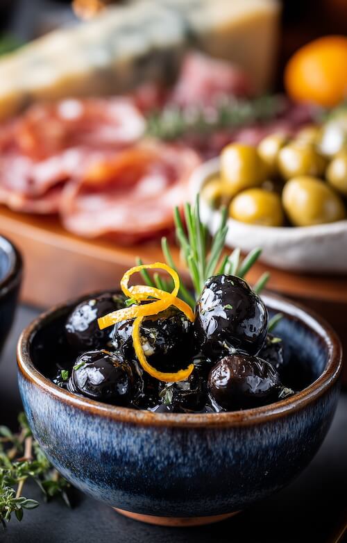 glossy-olives-in-a-small-ceramic-bowl-with-visible-orange-zest-curls