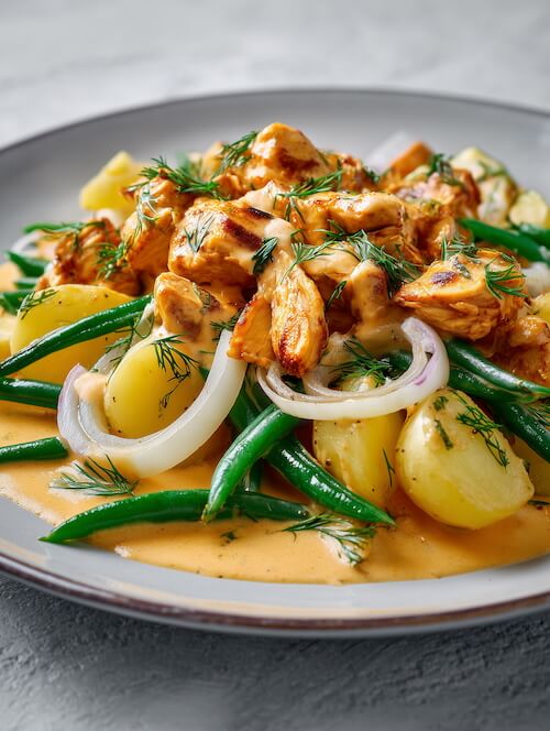 plate-of-chicken-with-green-beans-and-potatoes-in-a-creamy-sauce