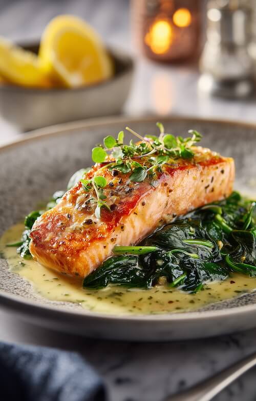 salmon-on-a-bed-of-tender-spinach-enhanced-with-a-lemon-sauce