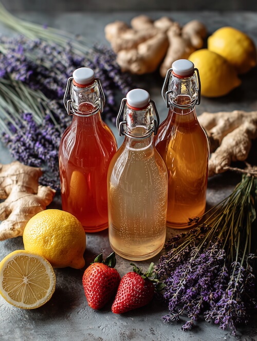 three-bottles-of-lavender-lemon-ginger-drink-surrounded-by-lemons